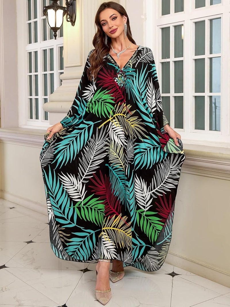 KEYLORTING Women’s Kaftan Beach Cover Up Dress Plus Size Summer Swimsuit Loungewear Maxi Dress - Image 3